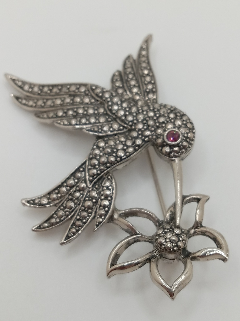 Vintage AVON Hummingbird Brooch Silver Tone Pink Rhinestone Eye Flower